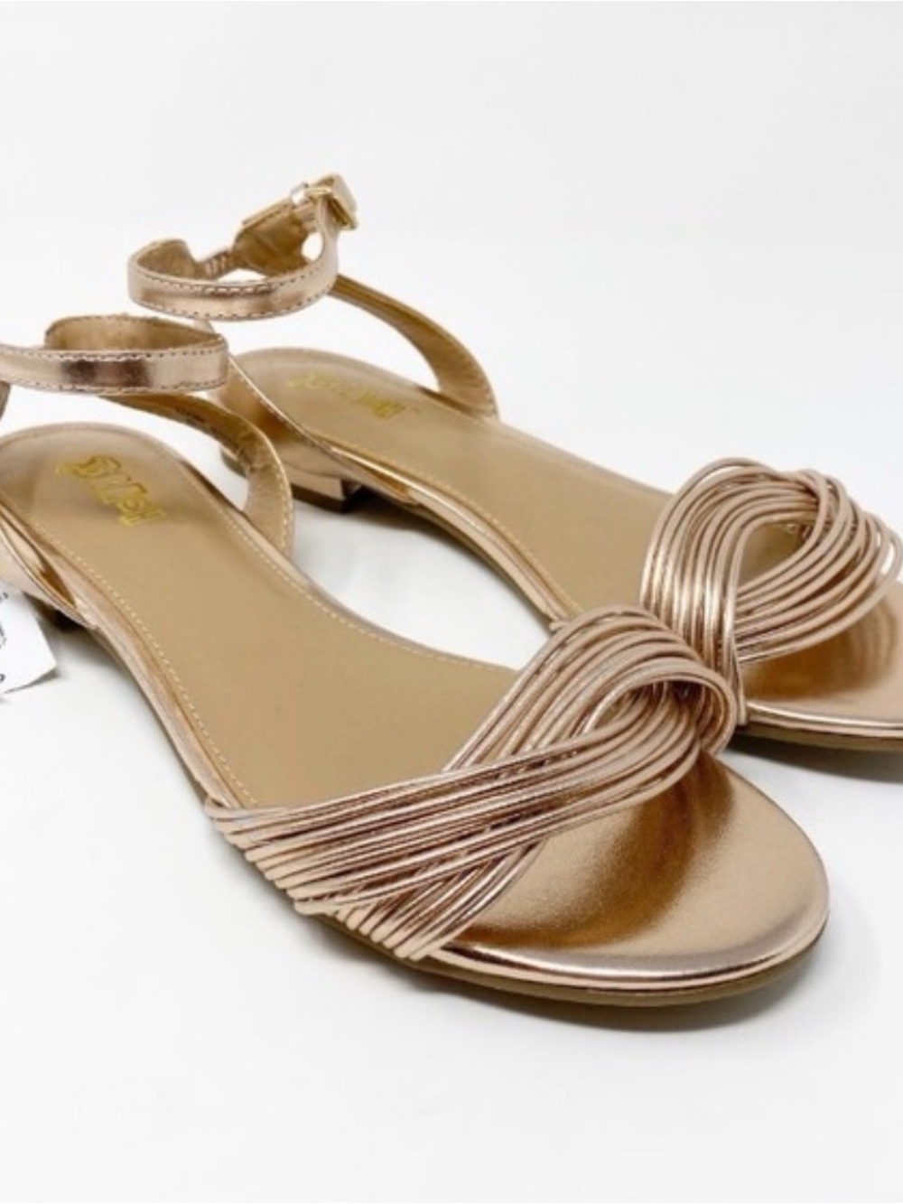 Brash Metallic Knot Front Ankle-Strap Sandals - Rose Gold